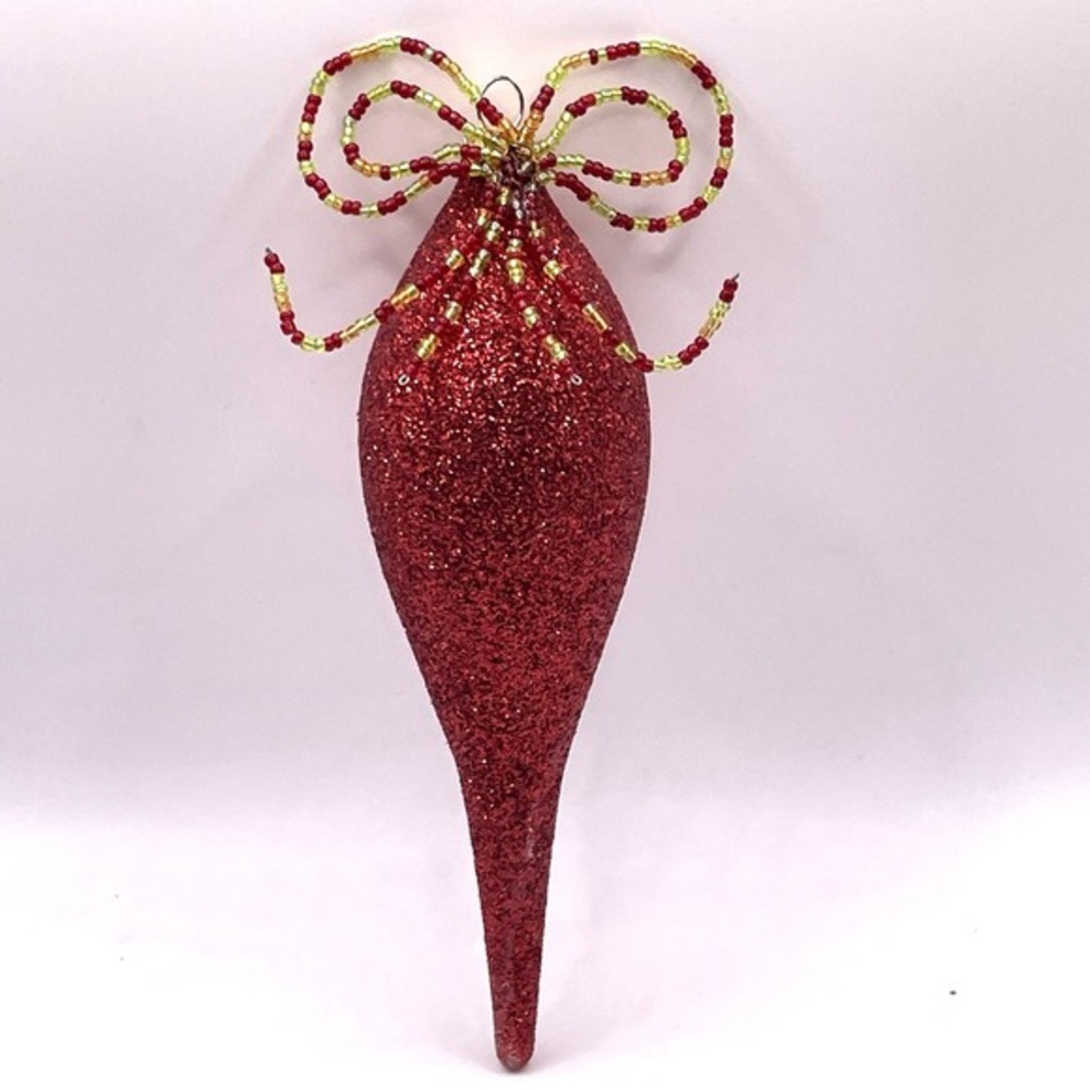 Red Glitter Teardrop Icicle 6.5" Beaded Bow Glass Christmas Ornament Grinch